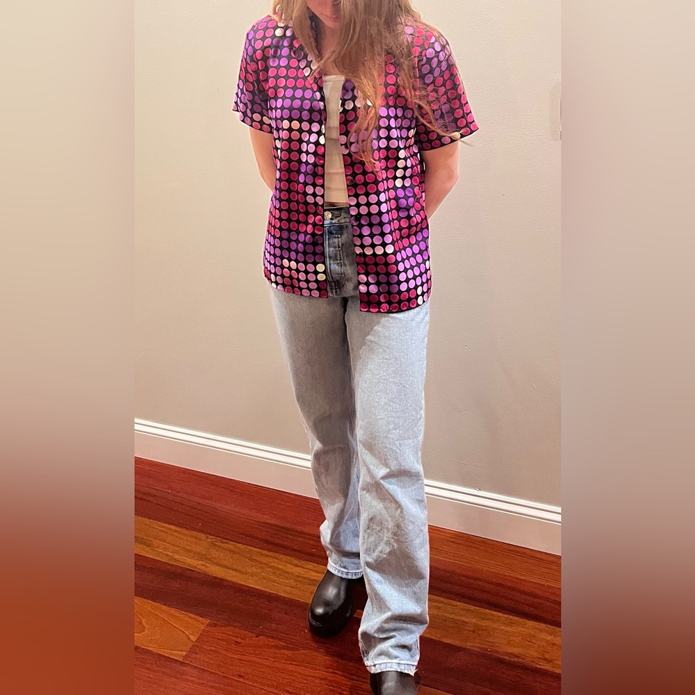 Disco vibes short sleeved button down blouse | Pink Purple Black